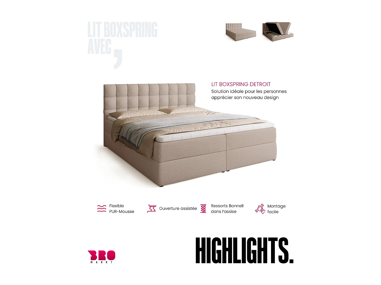 Lit boxspring avec rangement DETROIT - matelas - surmatelas - beige - 180x200 cm