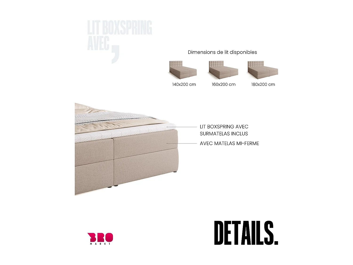 Lit boxspring avec rangement DETROIT - matelas - surmatelas - beige - 180x200 cm