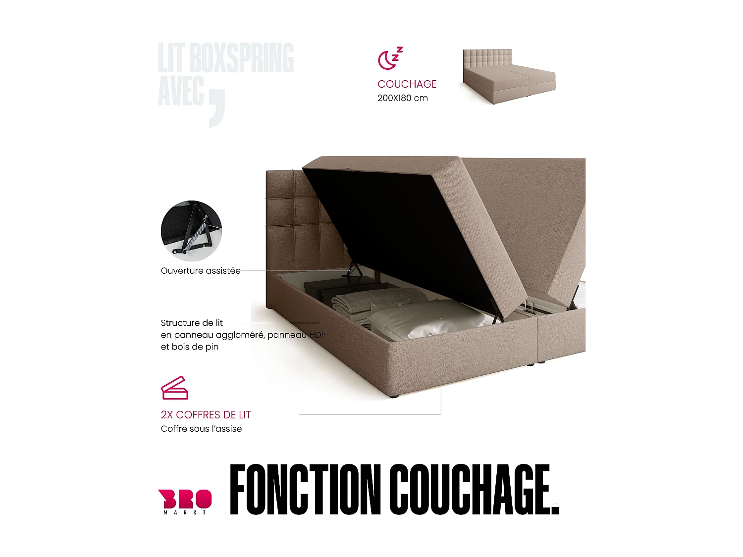 Lit boxspring avec rangement DETROIT - matelas - surmatelas - beige - 180x200 cm