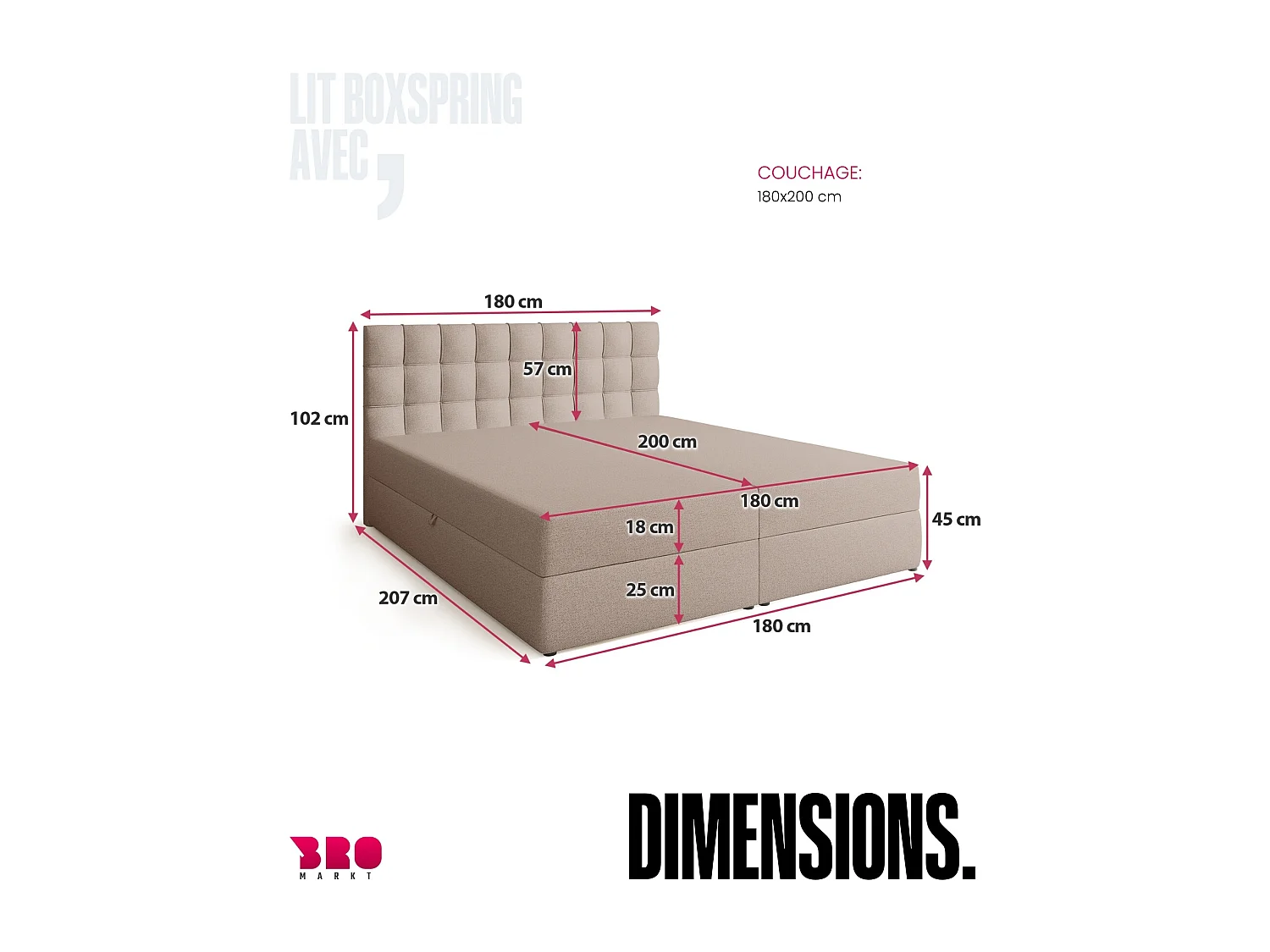 Lit boxspring avec rangement DETROIT - matelas - surmatelas - beige - 180x200 cm