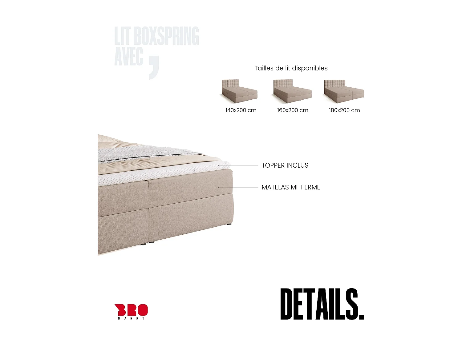 Lit boxspring avec rangement DETROIT - matelas - surmatelas - beige - 180x200 cm
