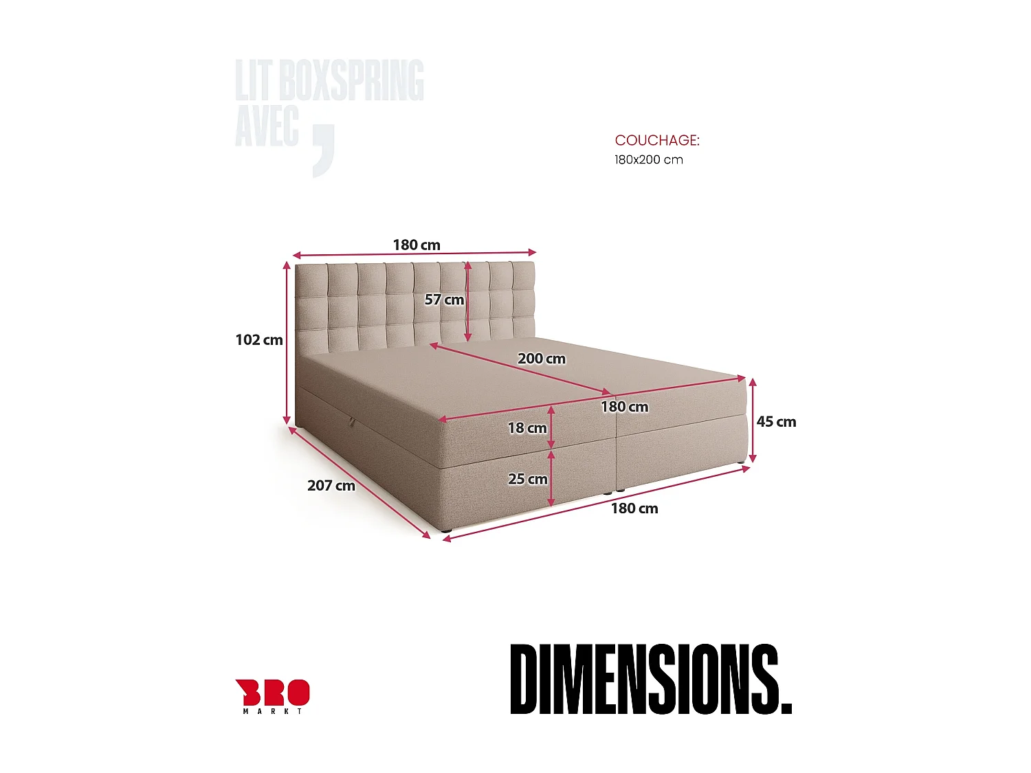 Lit boxspring avec rangement DETROIT - matelas - surmatelas - beige - 180x200 cm