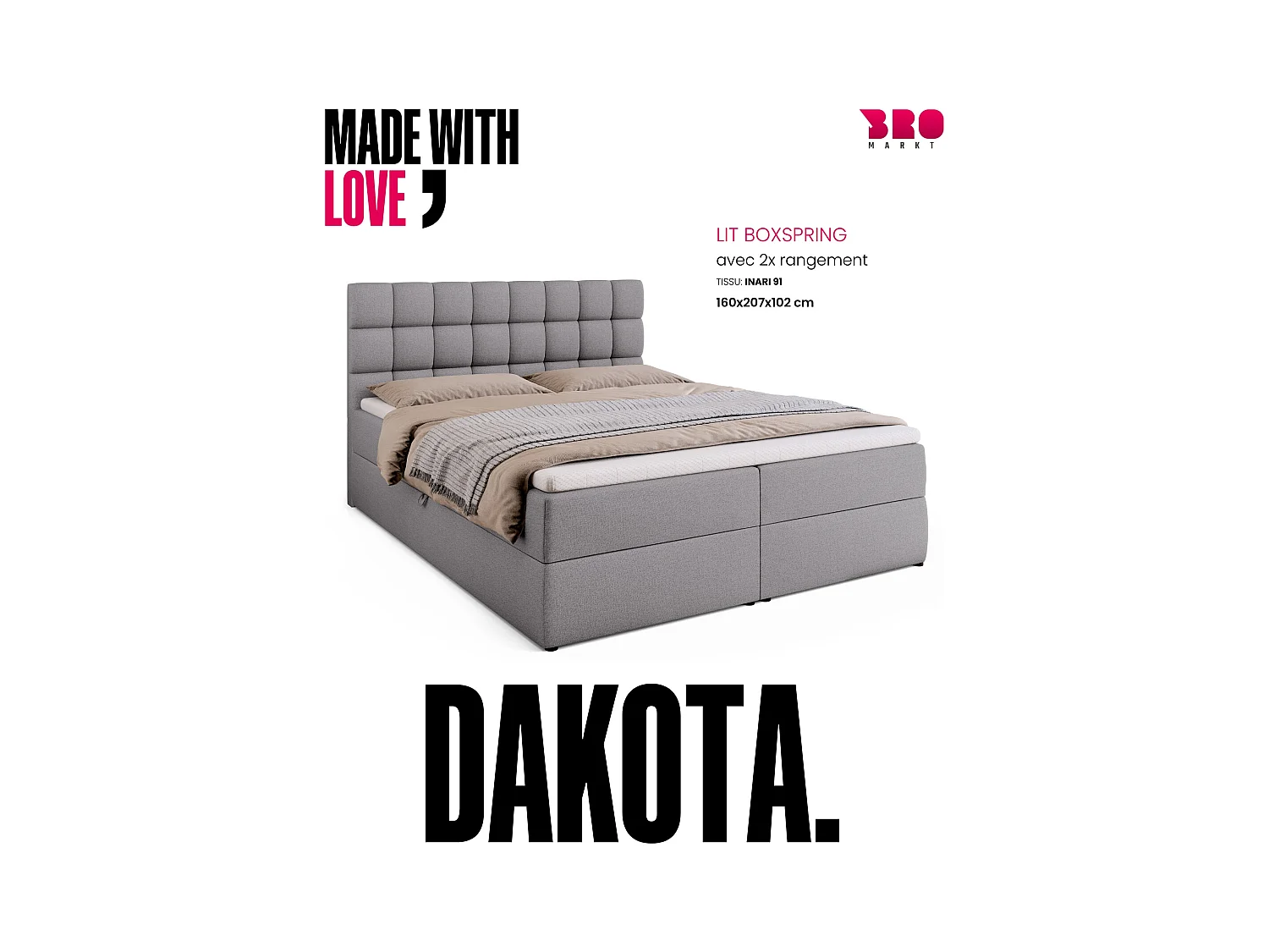 Boxspringbed met hoofdeinde, matras en dekmatras - DAKOTA - 160x200 - grijs