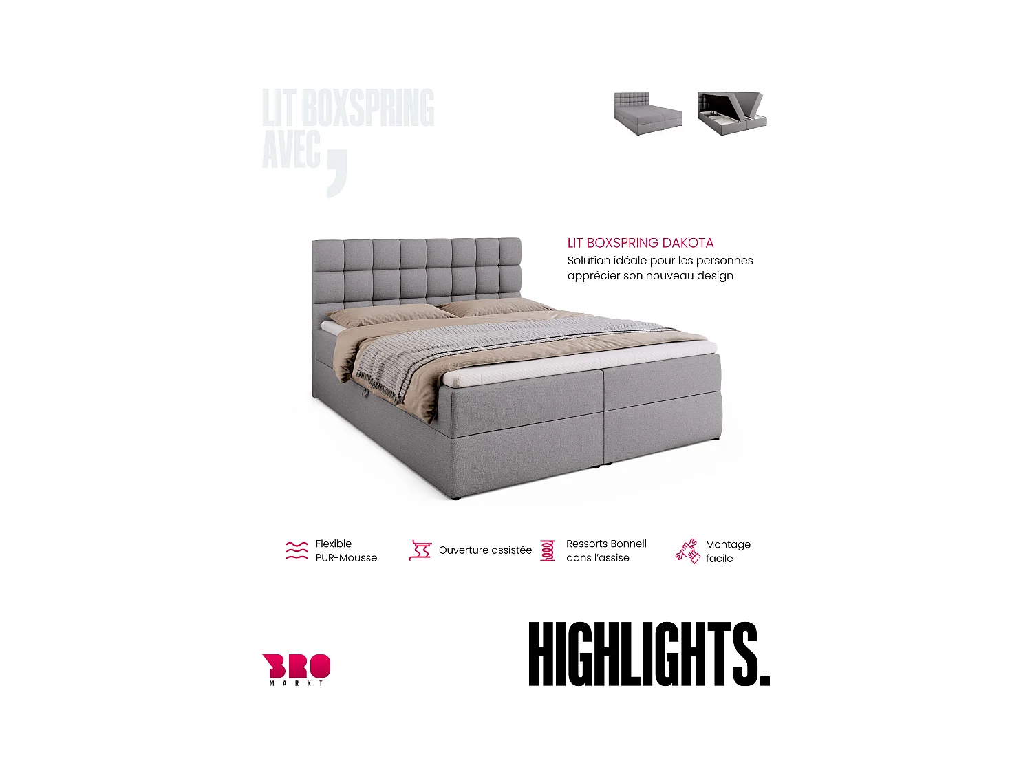 Boxspringbed met hoofdeinde, matras en dekmatras - DAKOTA - 160x200 - grijs