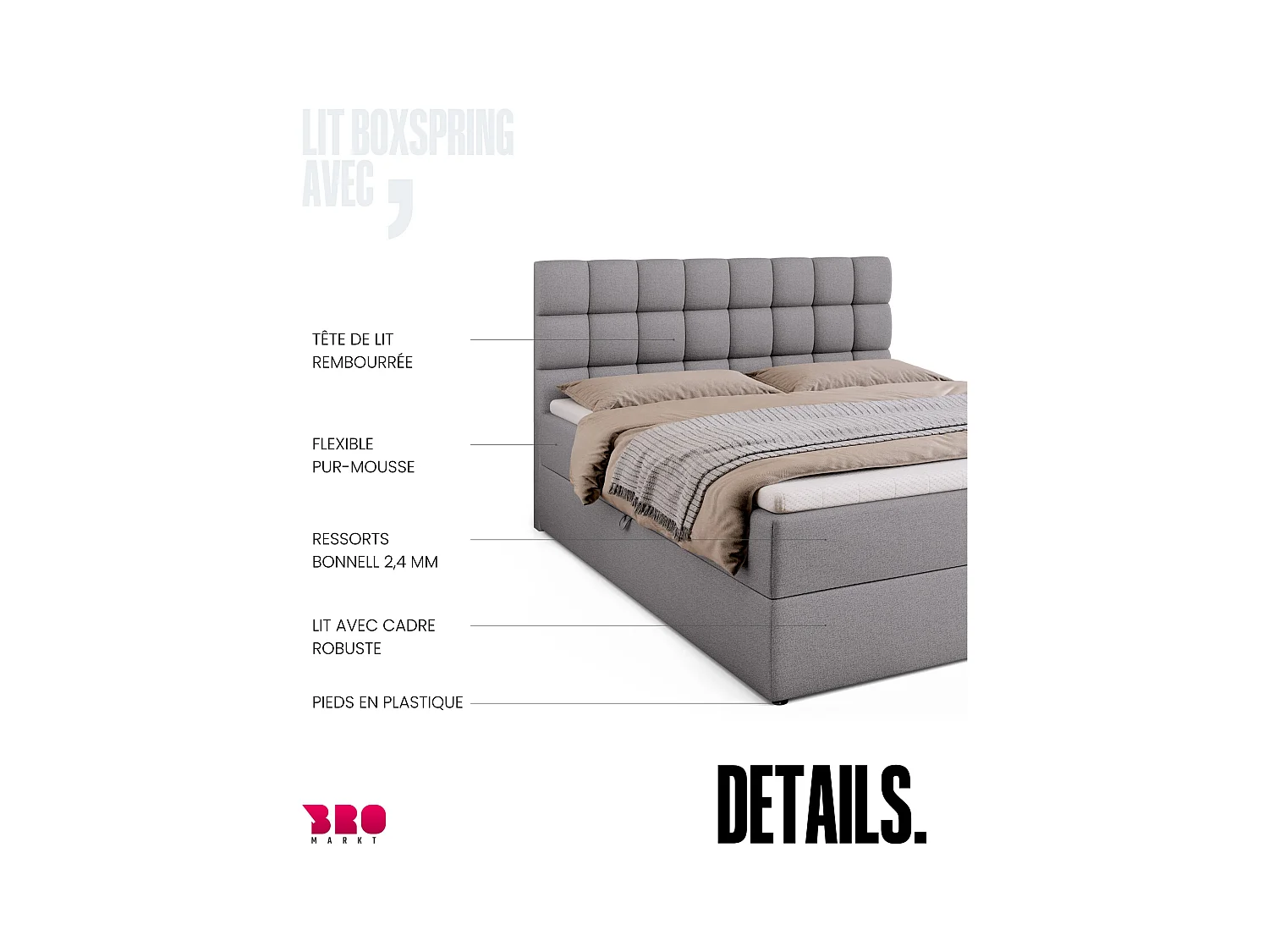 Boxspringbed met hoofdeinde, matras en dekmatras - DAKOTA - 160x200 - grijs