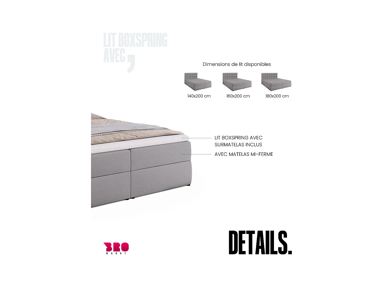 Boxspringbed met hoofdeinde, matras en dekmatras - DAKOTA - 160x200 - grijs