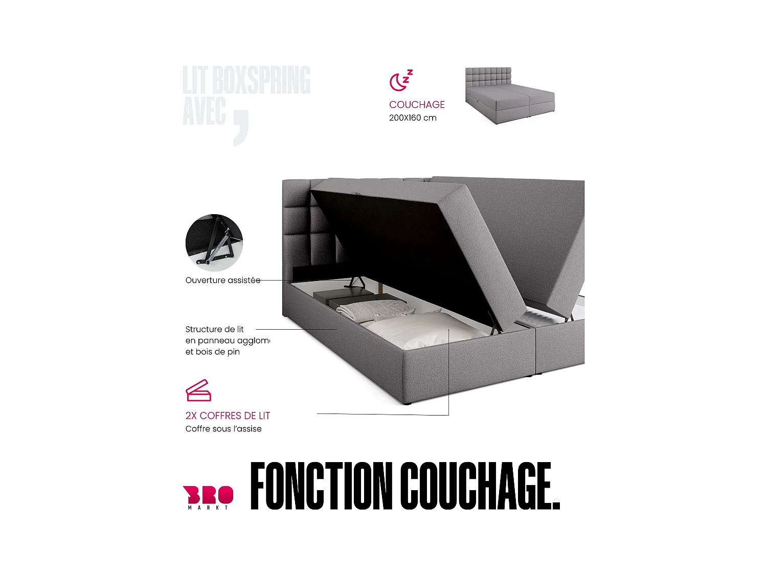 Boxspringbed met hoofdeinde, matras en dekmatras - DAKOTA - 160x200 - grijs