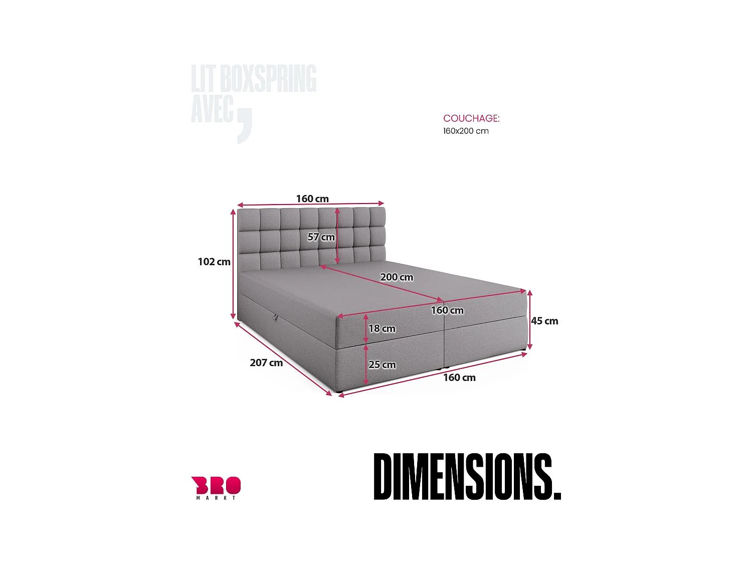Boxspringbed met hoofdeinde, matras en dekmatras - DAKOTA - 160x200 - grijs