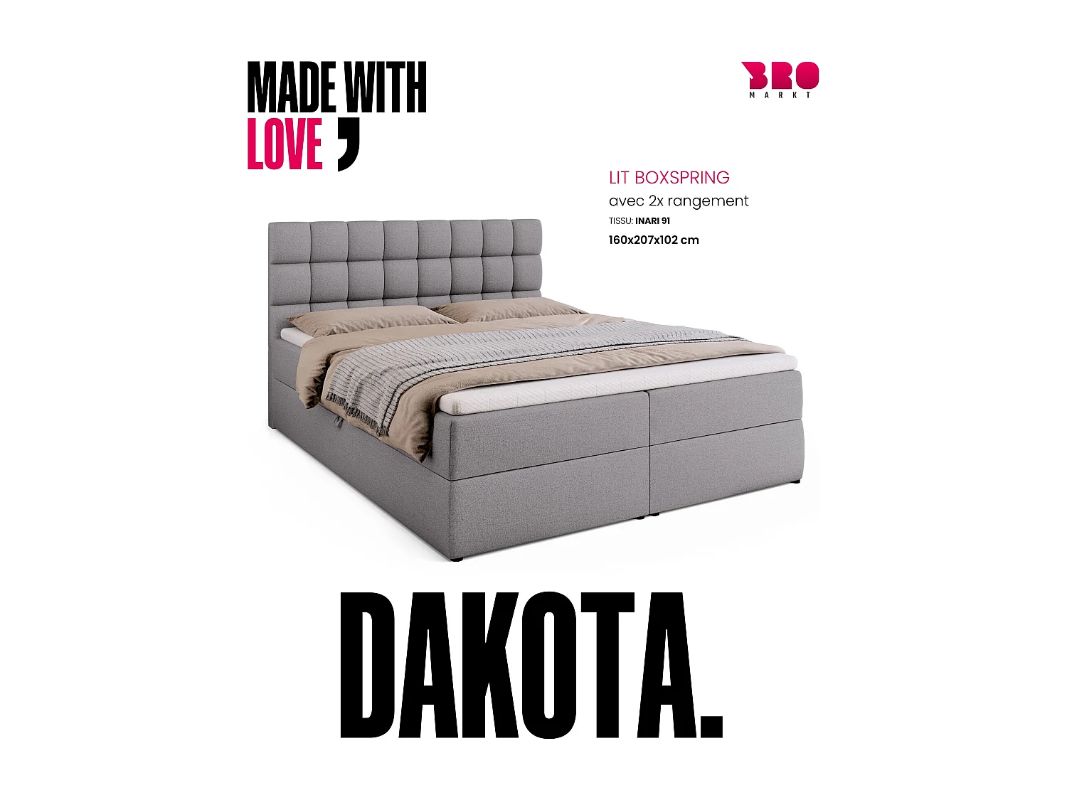 Lit boxspring avec rangement DAKOTA - matelas - surmatelas - gris - 160x200 cm