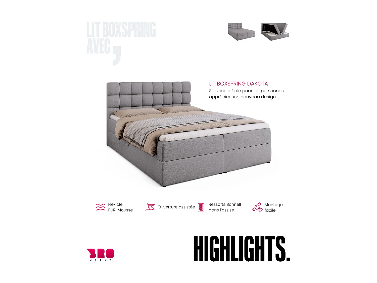 Lit boxspring avec rangement DAKOTA - matelas - surmatelas - gris - 160x200 cm