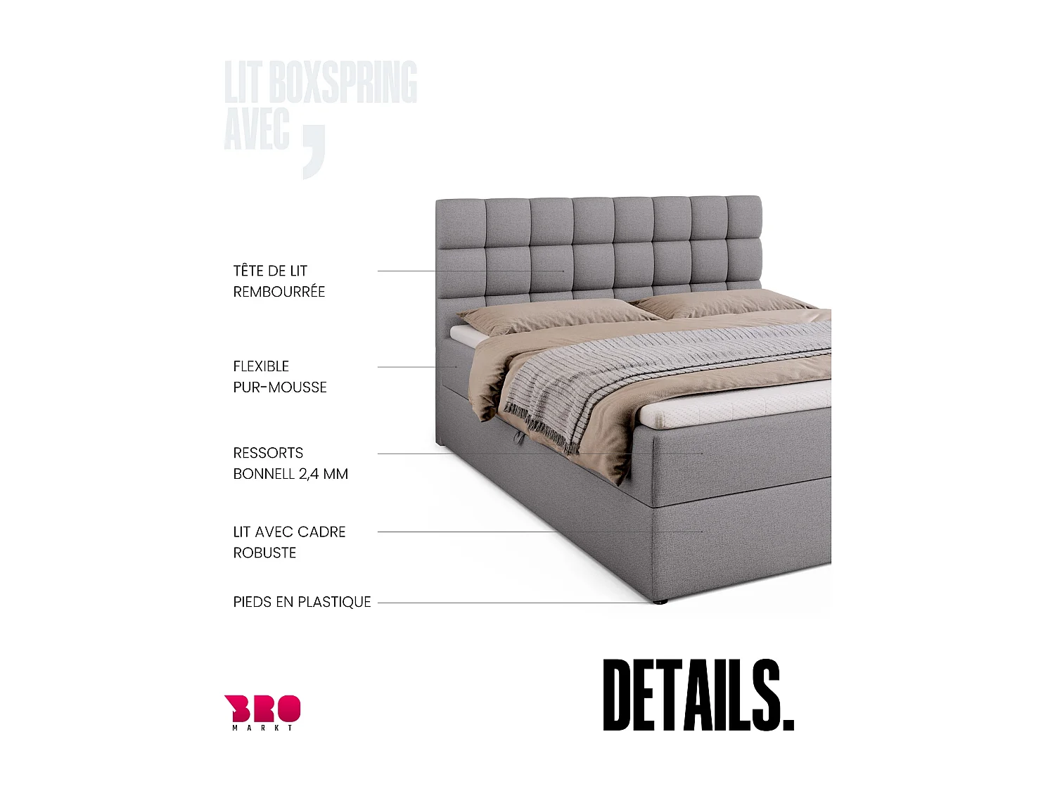 Lit boxspring avec rangement DAKOTA - matelas - surmatelas - gris - 160x200 cm