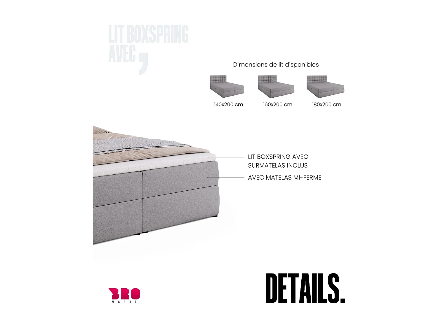 Lit boxspring avec rangement DAKOTA - matelas - surmatelas - gris - 160x200 cm