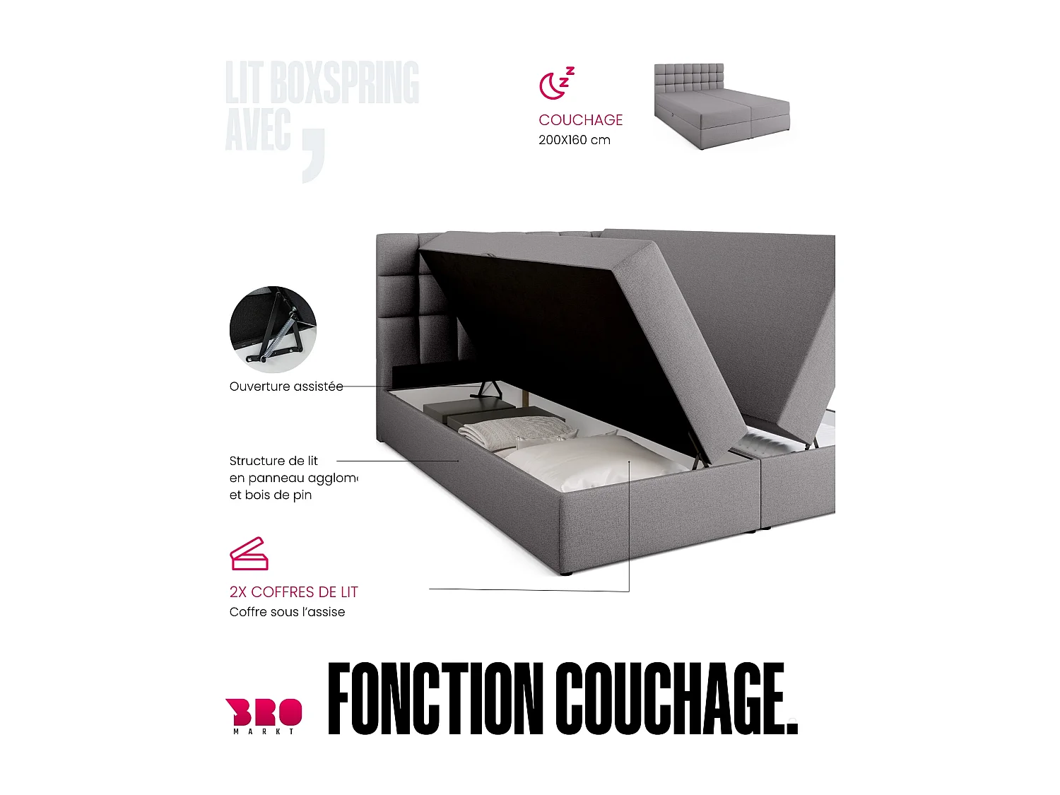 Lit boxspring avec rangement DAKOTA - matelas - surmatelas - gris - 160x200 cm