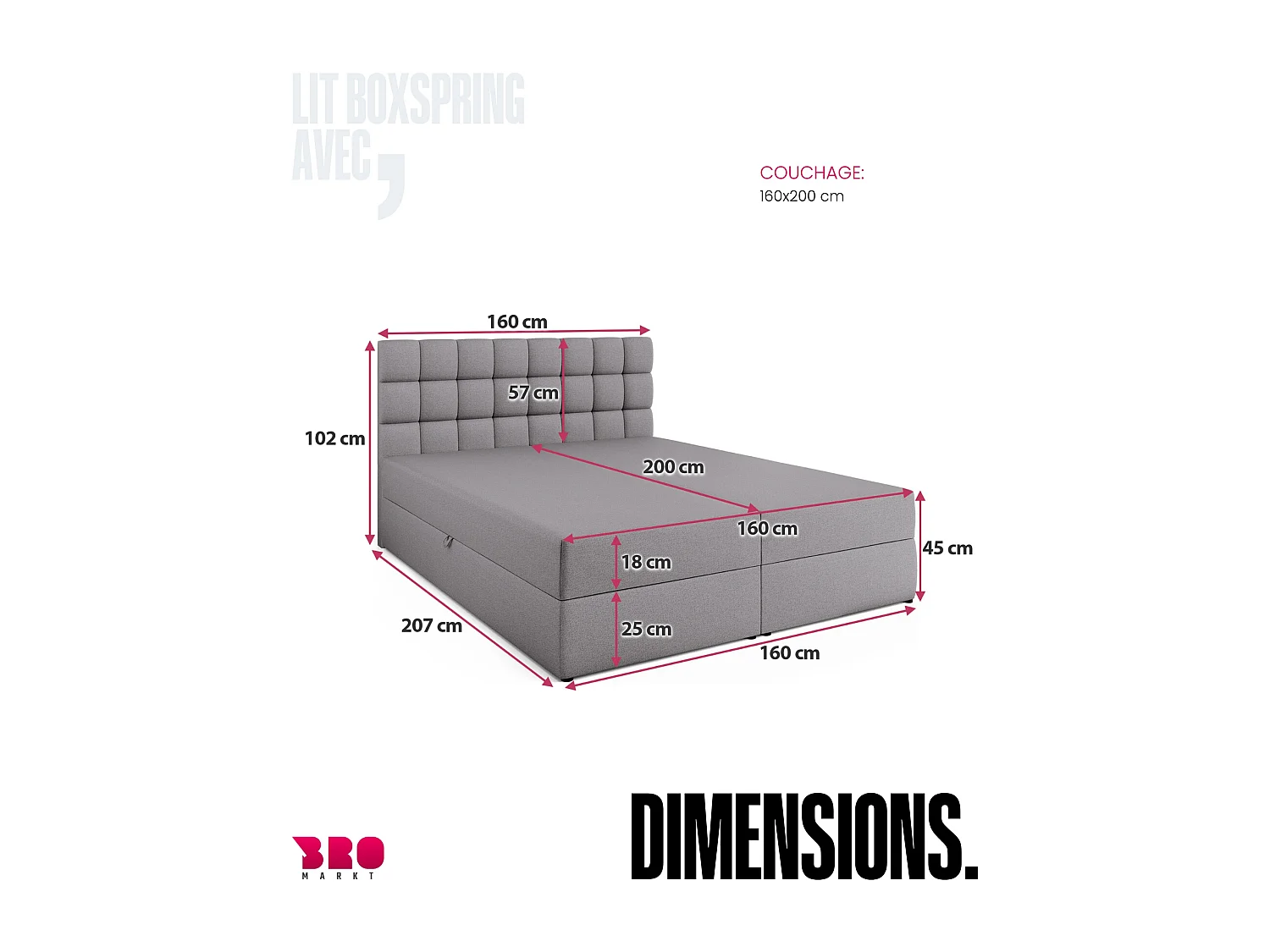 Lit boxspring avec rangement DAKOTA - matelas - surmatelas - gris - 160x200 cm