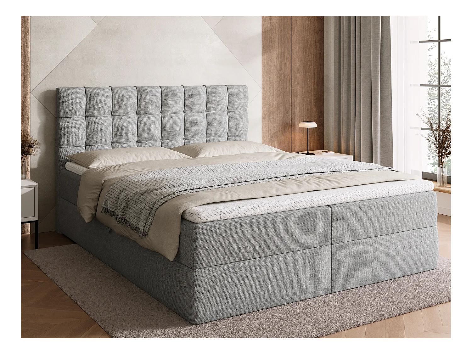 Lit boxspring avec rangement DETROIT - matelas - surmatelas - gris clair - 160x200 cm