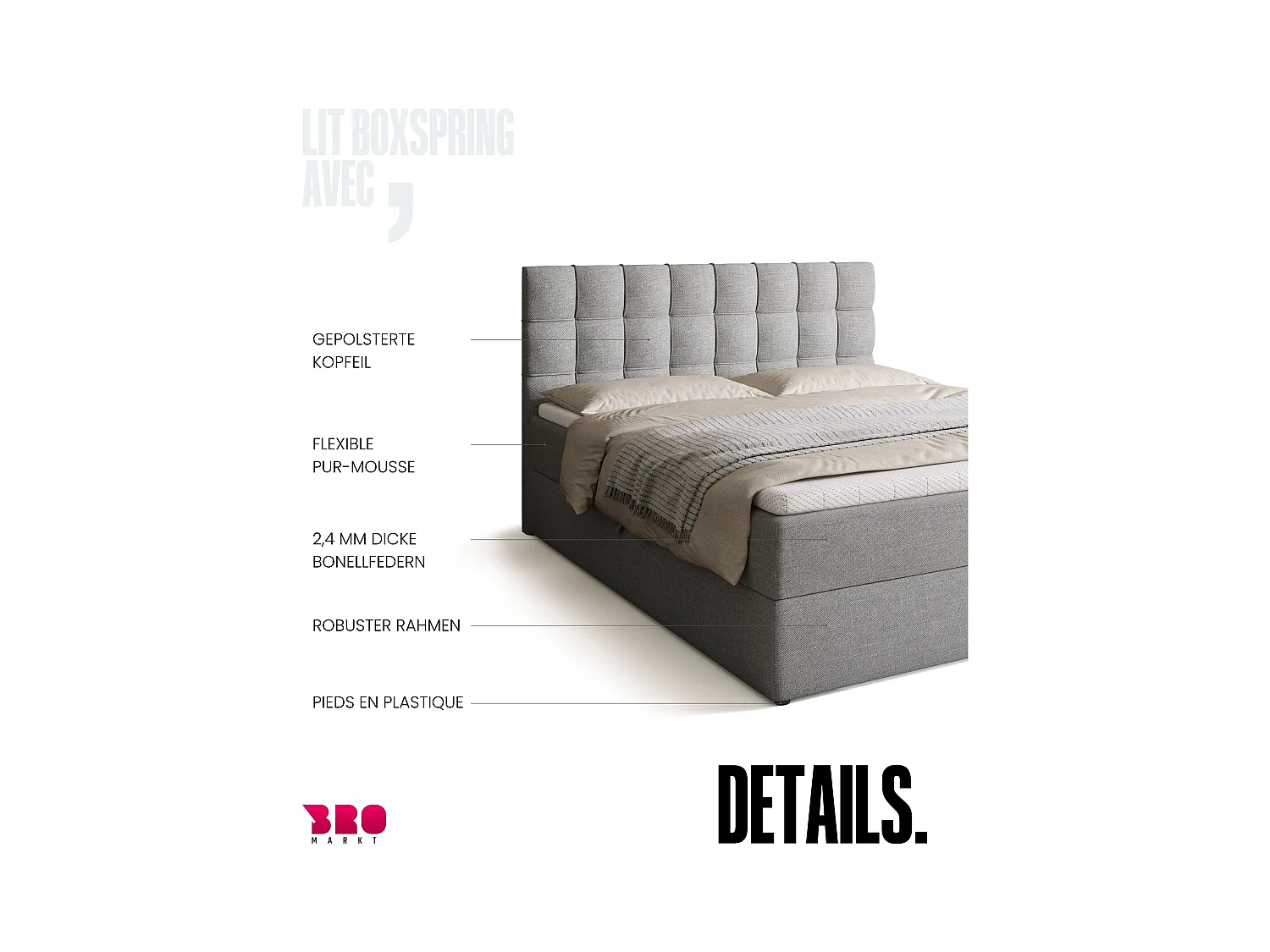 Lit boxspring avec rangement DETROIT - matelas - surmatelas - gris clair - 160x200 cm