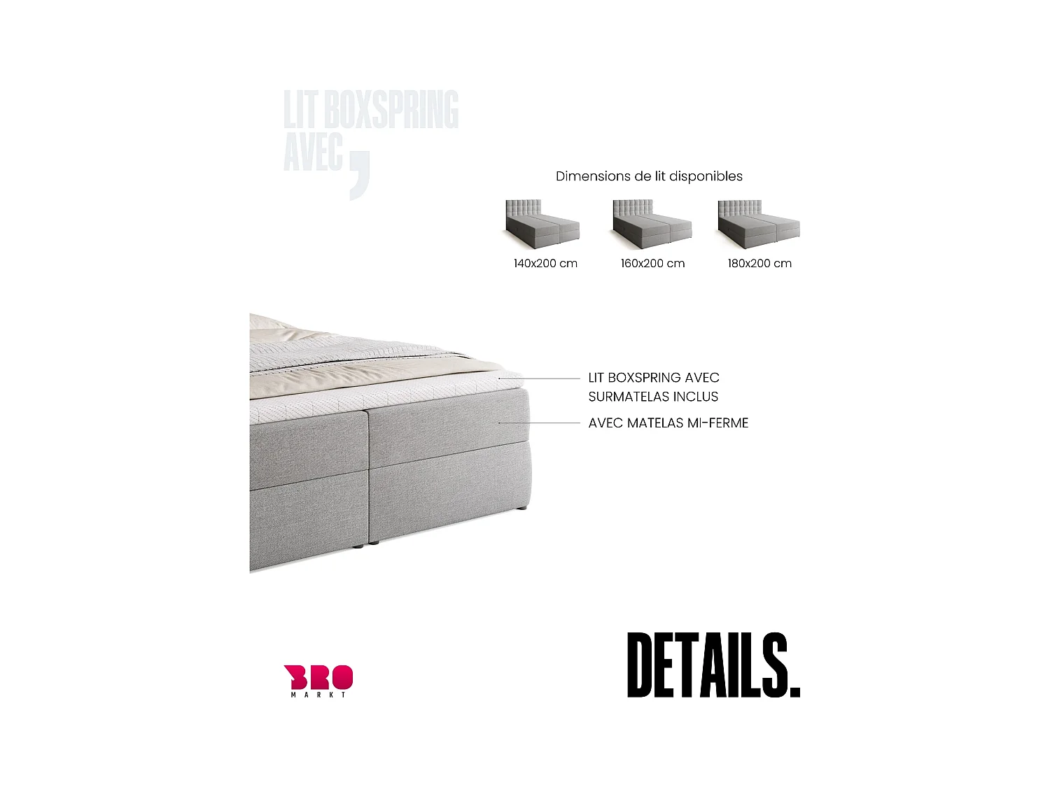 Lit boxspring avec rangement DETROIT - matelas - surmatelas - gris clair - 160x200 cm