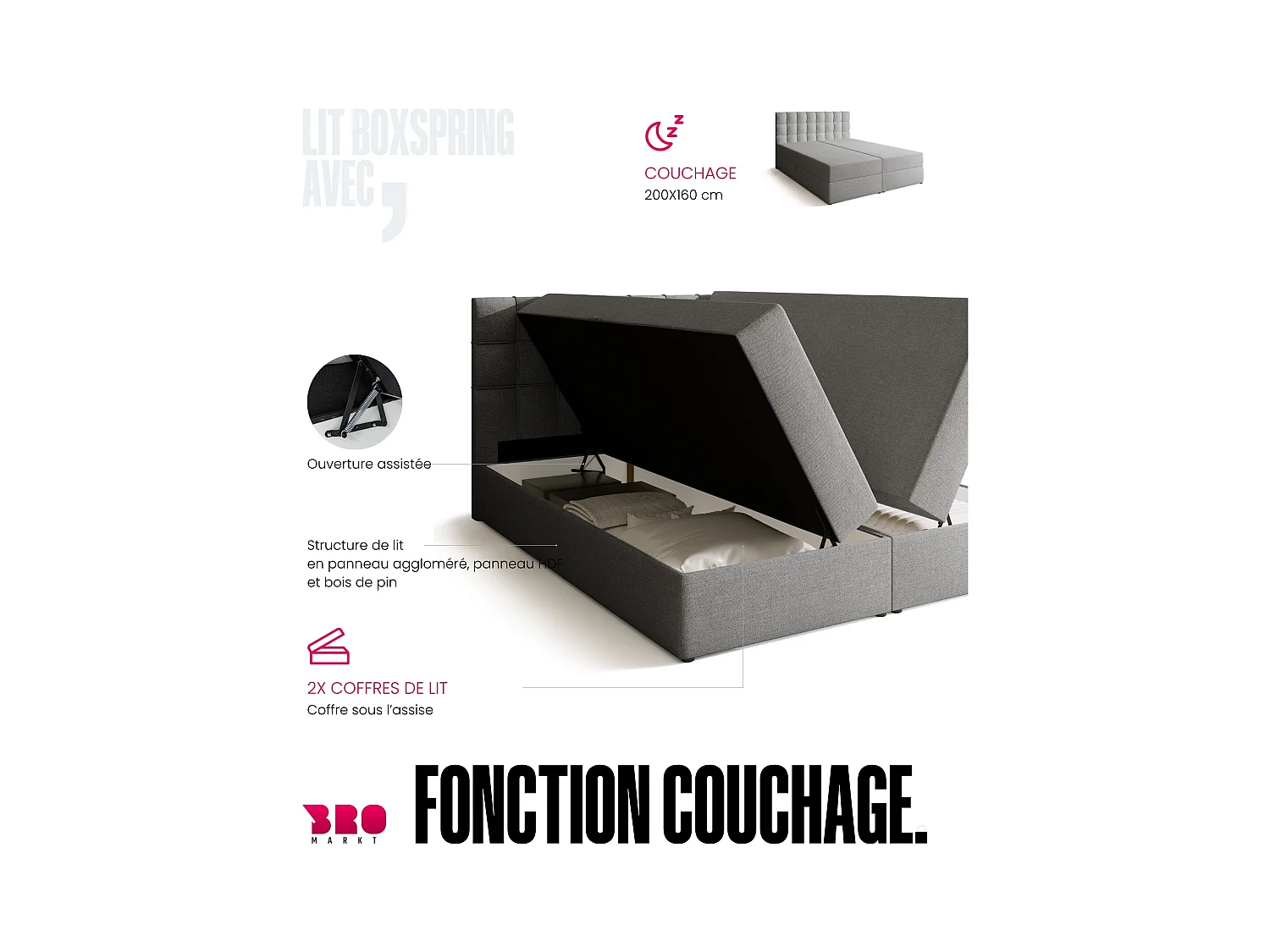 Lit boxspring avec rangement DETROIT - matelas - surmatelas - gris clair - 160x200 cm