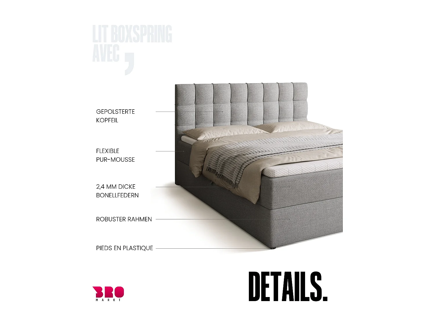 Lit boxspring avec rangement DETROIT - matelas - surmatelas - gris clair - 160x200 cm