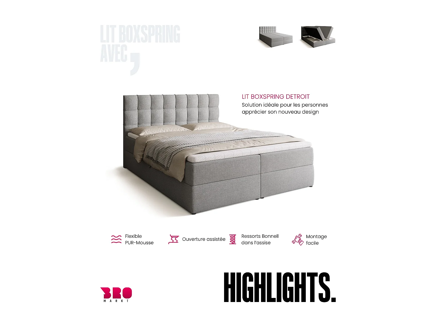 Lit boxspring avec rangement DETROIT - matelas - surmatelas - gris clair - 160x200 cm