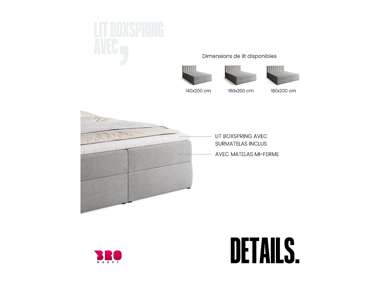 Lit boxspring avec rangement DETROIT - matelas - surmatelas - gris clair - 160x200 cm