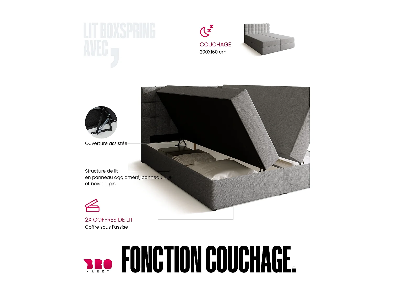 Lit boxspring avec rangement DETROIT - matelas - surmatelas - gris clair - 160x200 cm