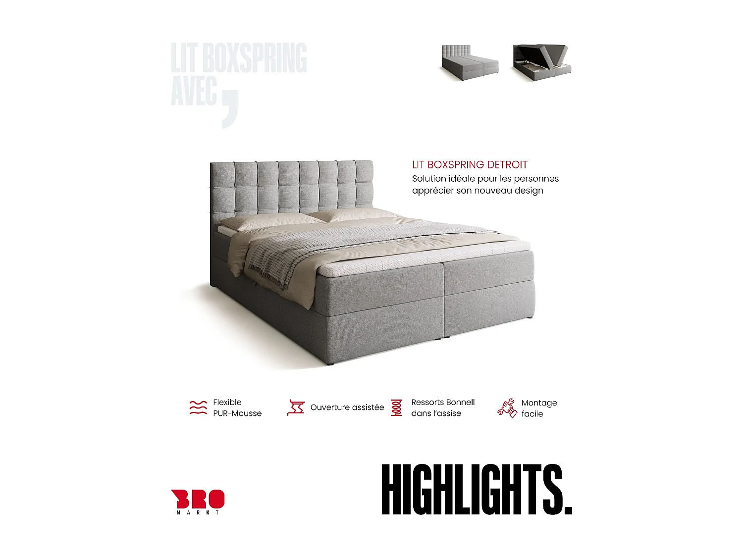 Lit boxspring avec rangement DETROIT - matelas - surmatelas - gris clair - 160x200 cm