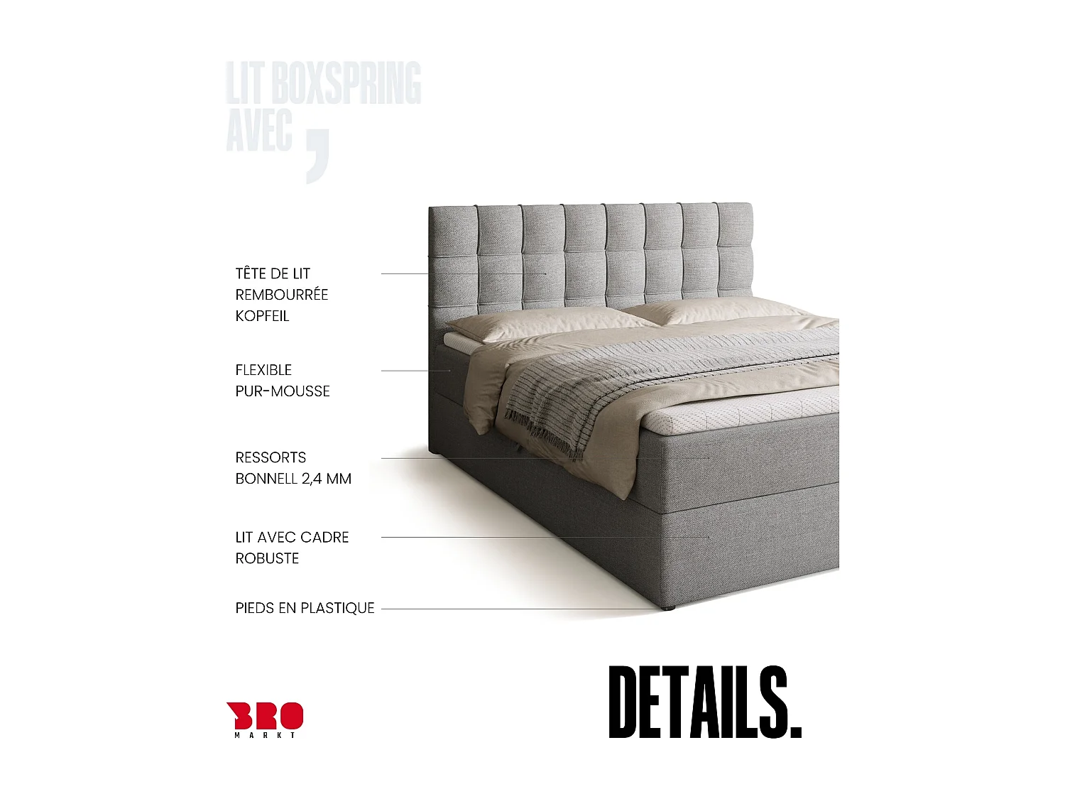 Lit boxspring avec rangement DETROIT - matelas - surmatelas - gris clair - 160x200 cm