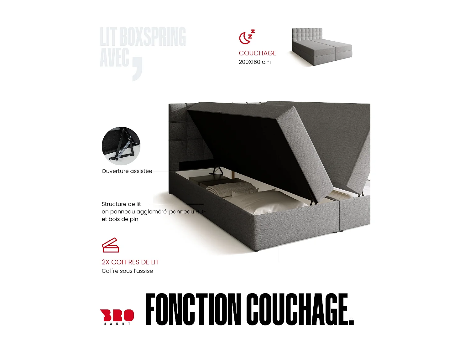 Lit boxspring avec rangement DETROIT - matelas - surmatelas - gris clair - 160x200 cm