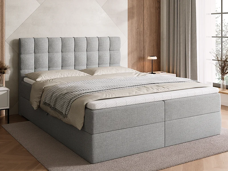 Lit boxspring avec rangement DETROIT - matelas - surmatelas - gris clair - 160x200 cm
