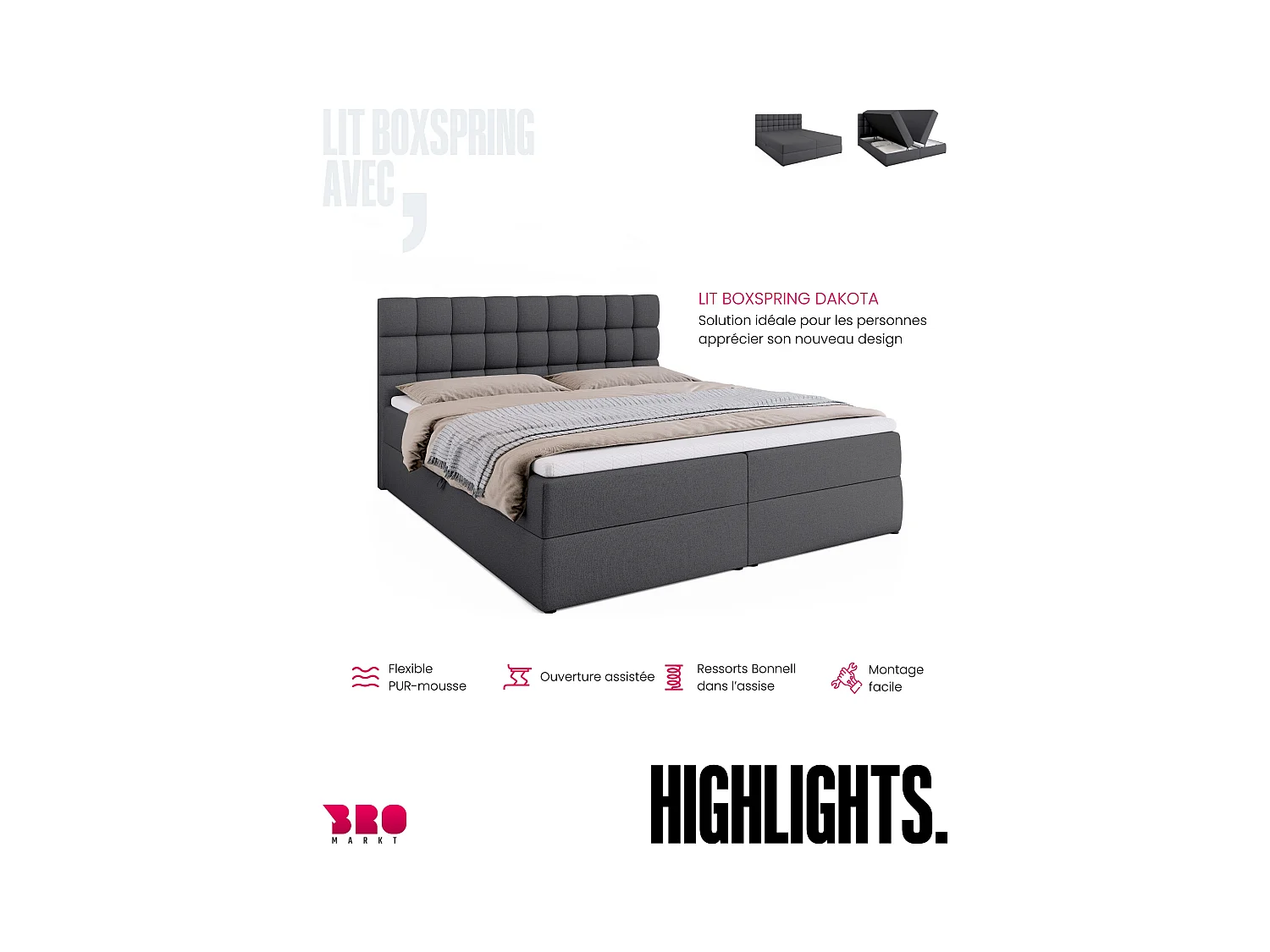 Boxspringbed met hoofdeinde, matras en dekmatras - DAKOTA - 180x200 - donkergrijs