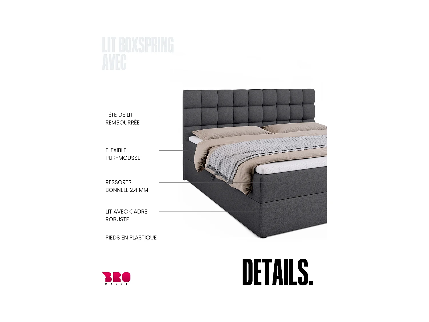 Boxspringbed met hoofdeinde, matras en dekmatras - DAKOTA - 180x200 - donkergrijs