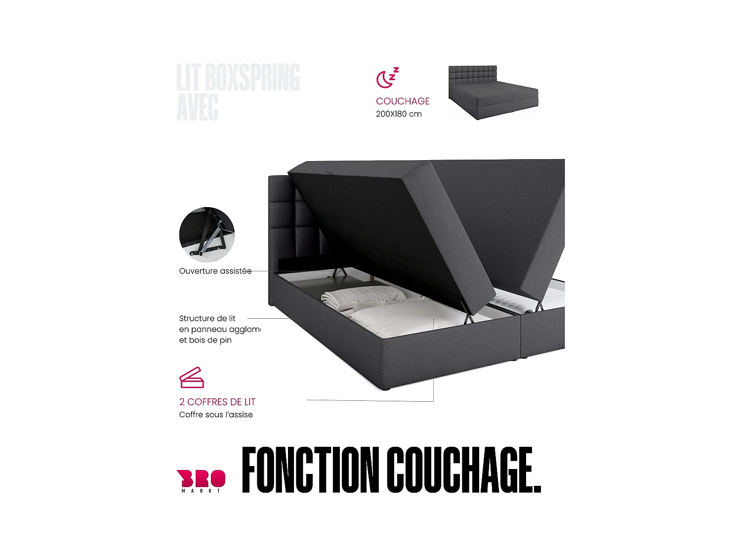 Boxspringbed met hoofdeinde, matras en dekmatras - DAKOTA - 180x200 - donkergrijs