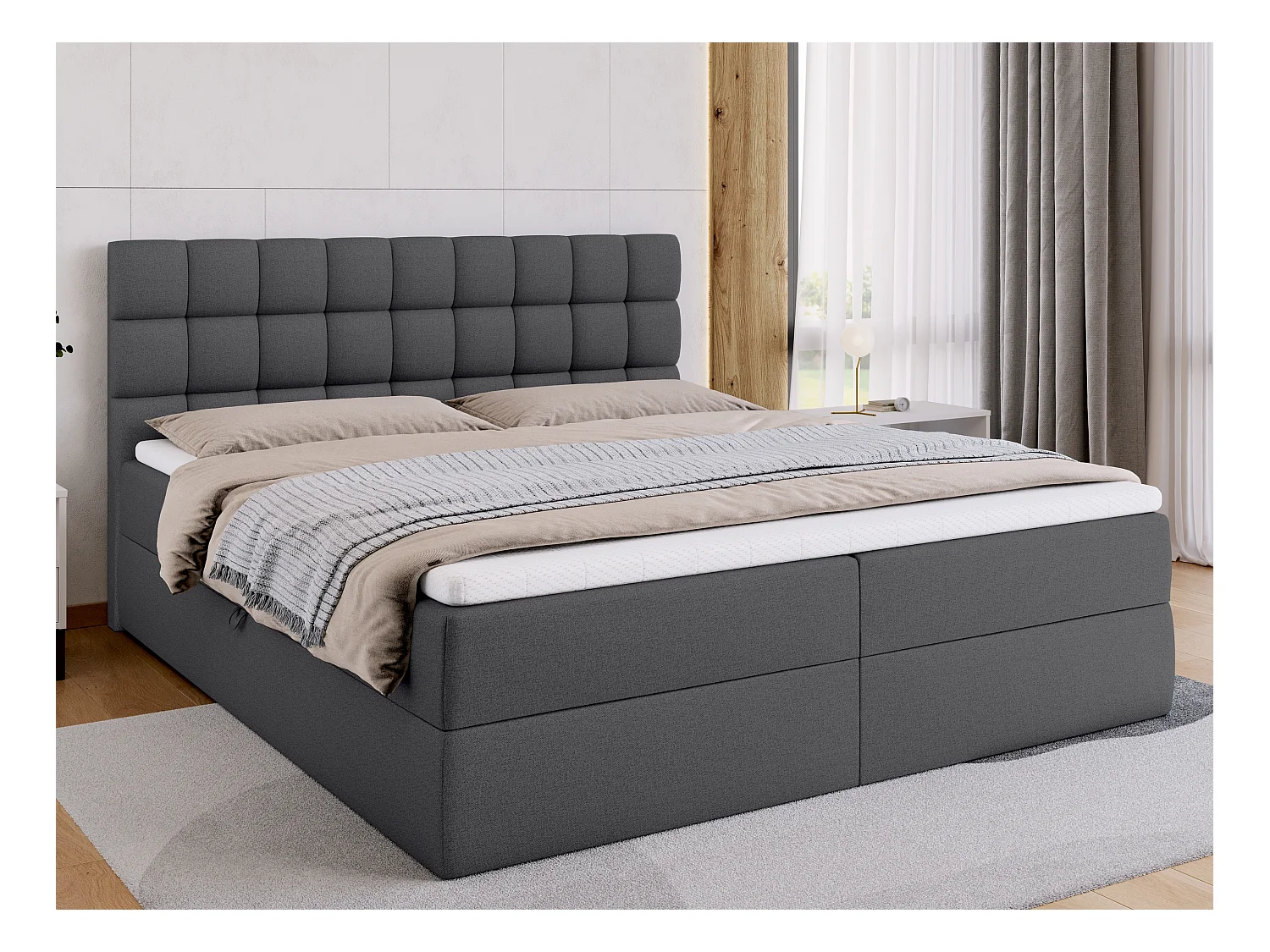 Lit boxspring avec rangement DAKOTA - matelas - surmatelas - gris foncé - 180x200 cm