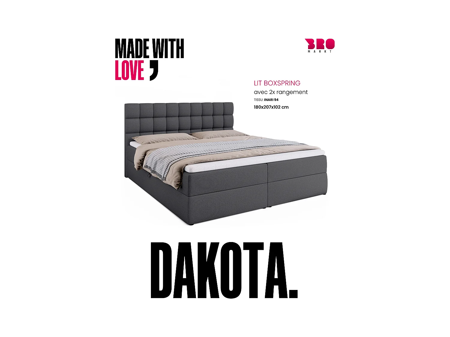 Lit boxspring avec rangement DAKOTA - matelas - surmatelas - gris foncé - 180x200 cm