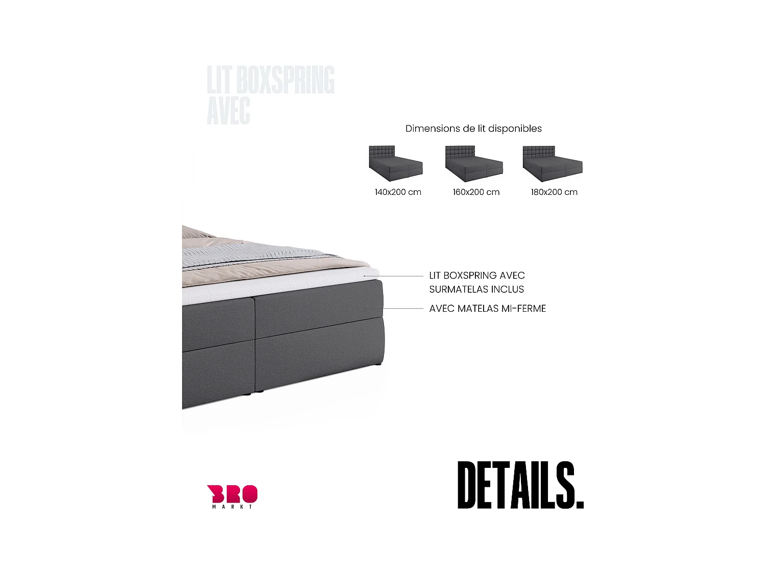 Lit boxspring avec rangement DAKOTA - matelas - surmatelas - gris foncé - 180x200 cm