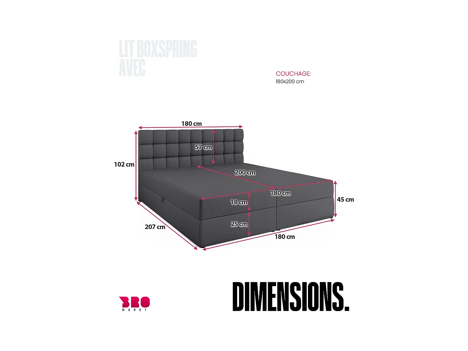Lit boxspring avec rangement DAKOTA - matelas - surmatelas - gris foncé - 180x200 cm