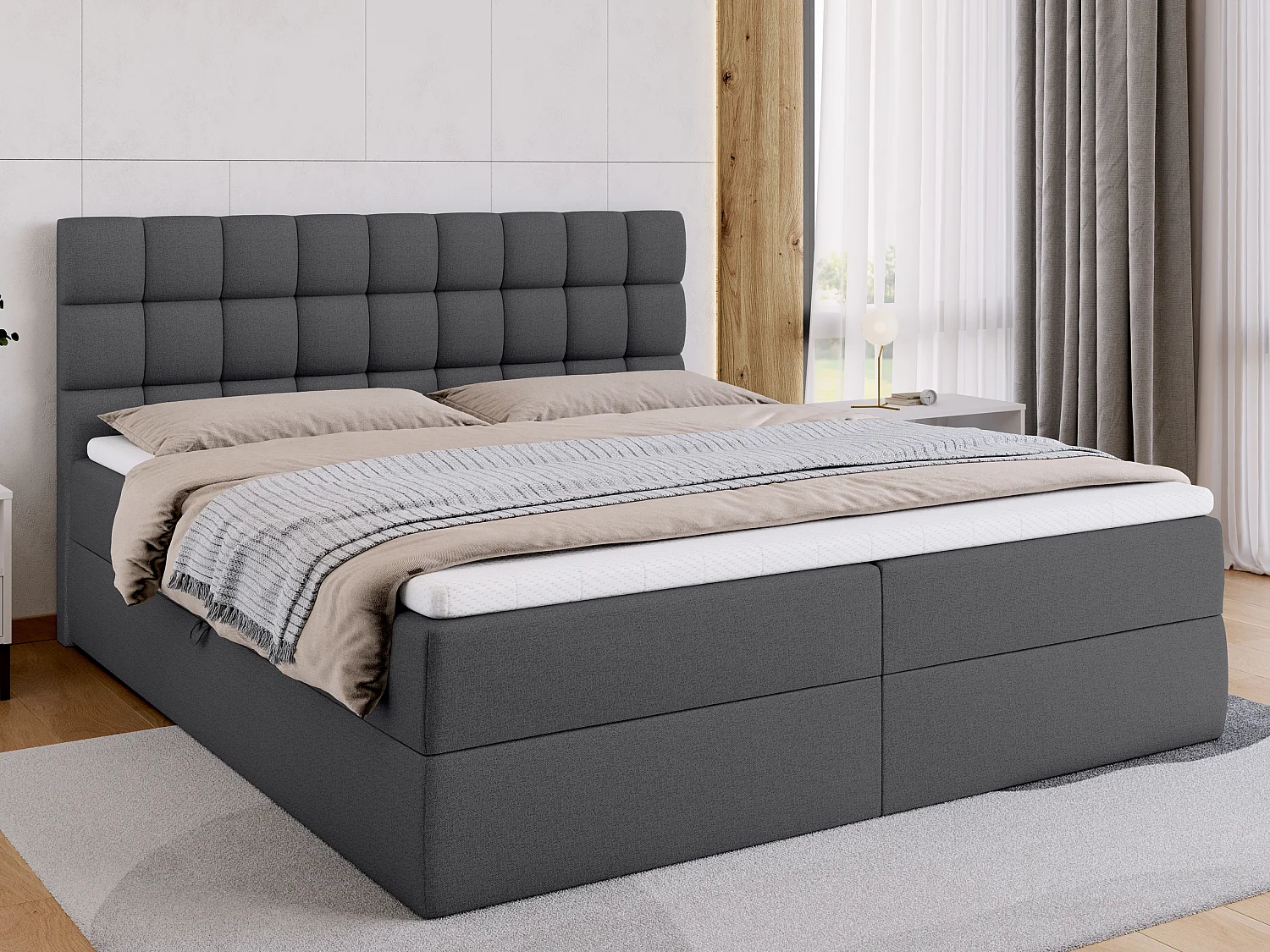 Lit boxspring avec rangement DAKOTA - matelas - surmatelas - gris foncé - 180x200 cm