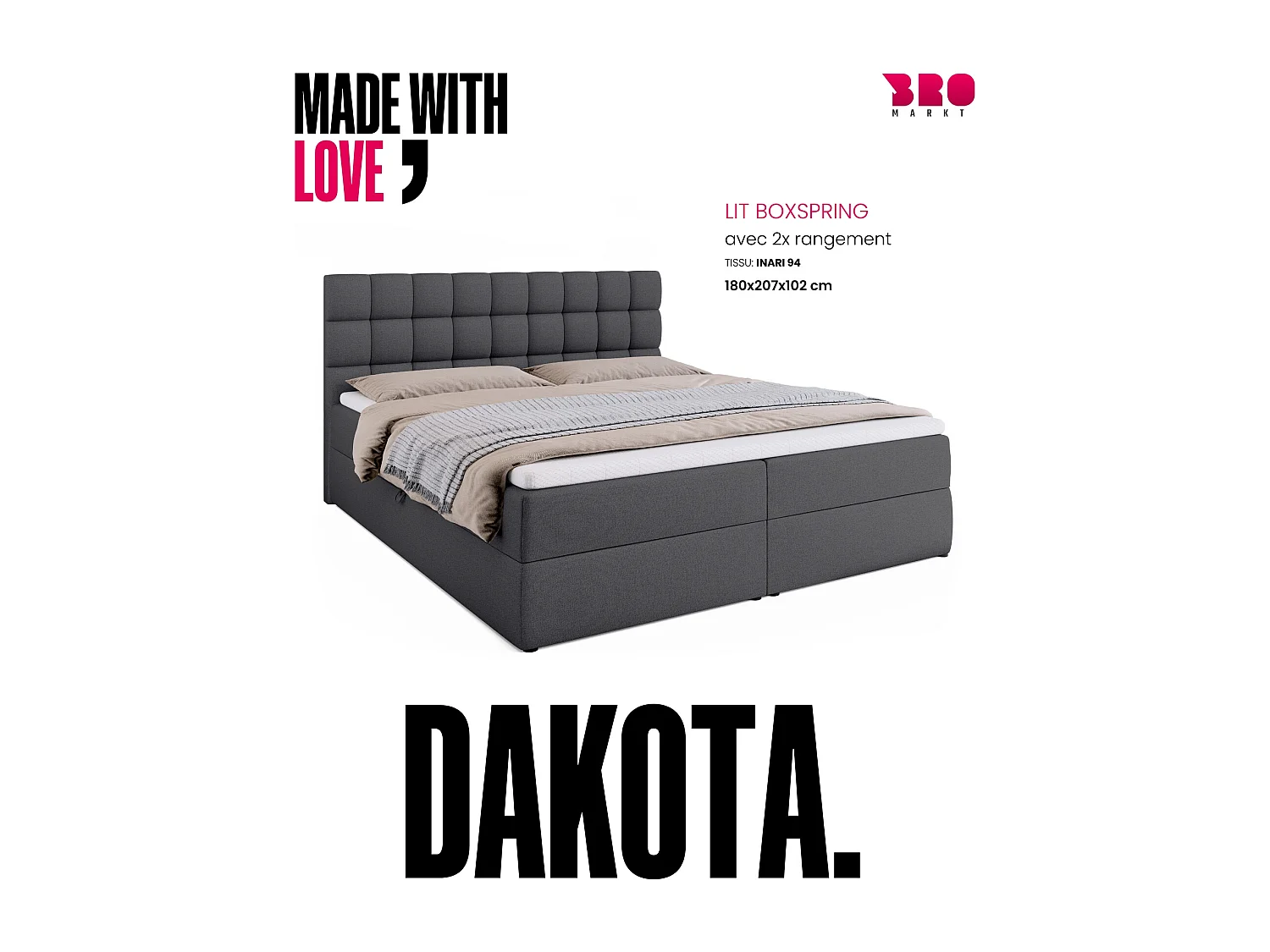 Lit boxspring avec rangement DAKOTA - matelas - surmatelas - gris foncé - 180x200 cm