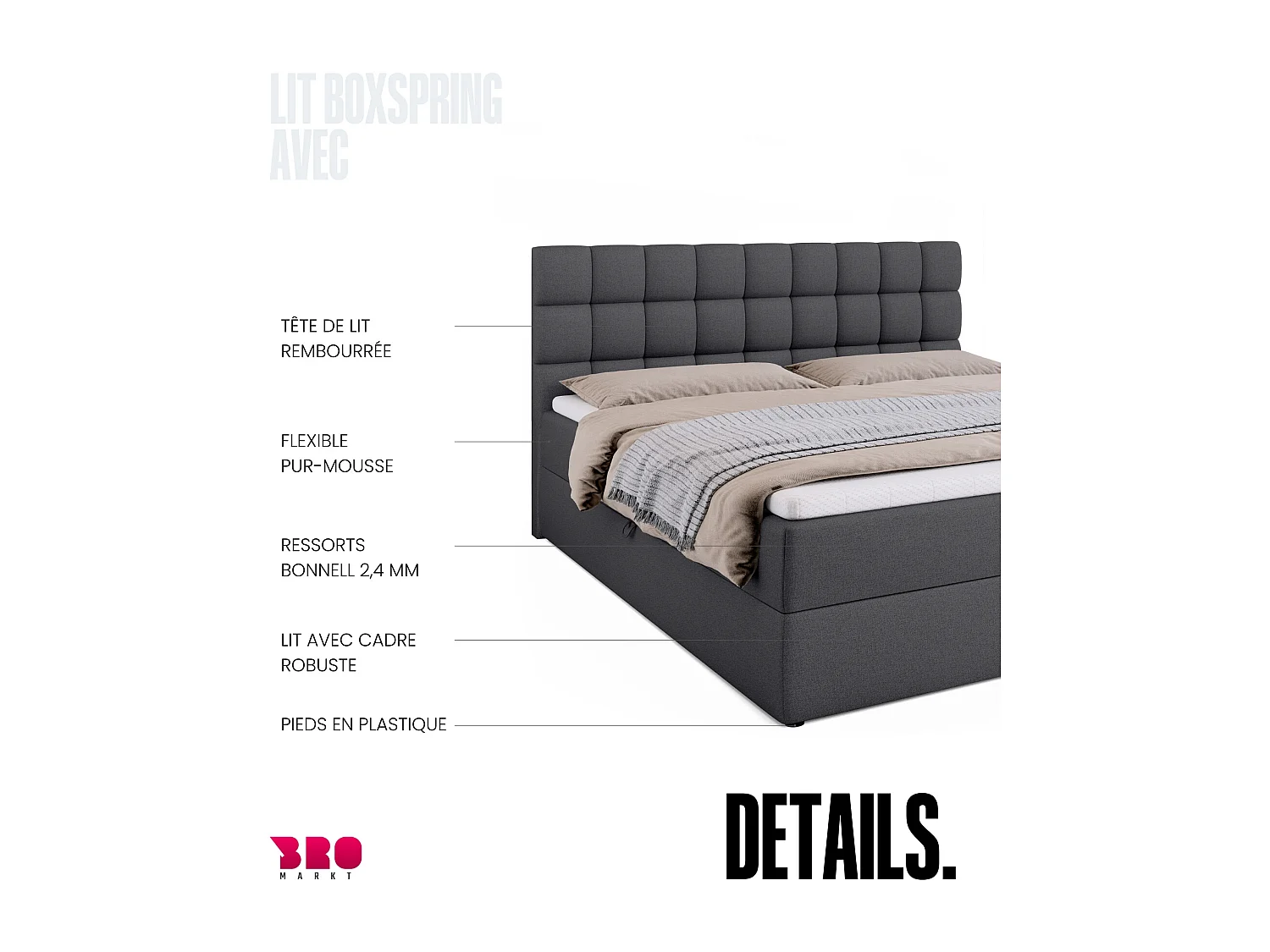 Lit boxspring avec rangement DAKOTA - matelas - surmatelas - gris foncé - 180x200 cm
