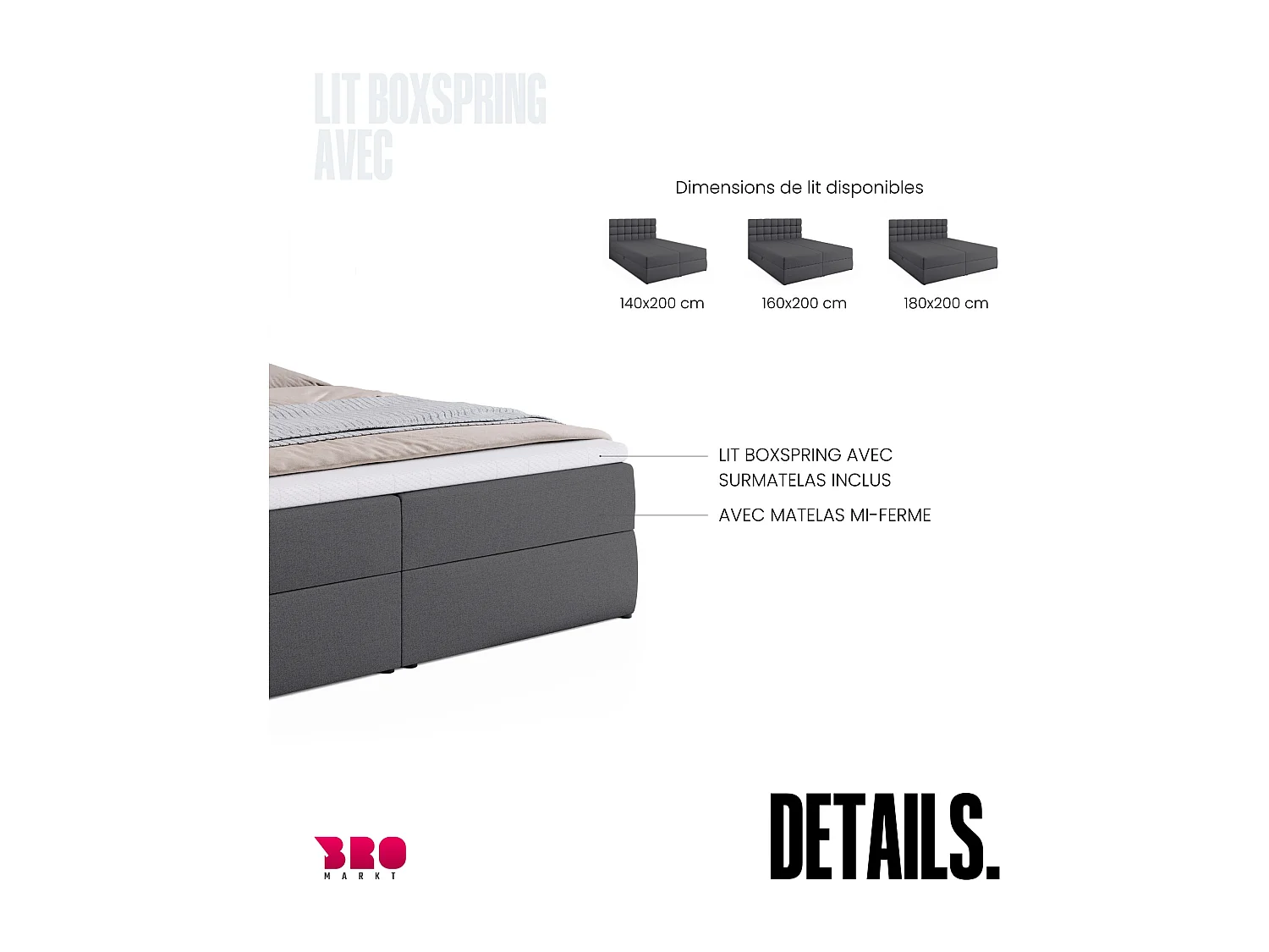 Lit boxspring avec rangement DAKOTA - matelas - surmatelas - gris foncé - 180x200 cm