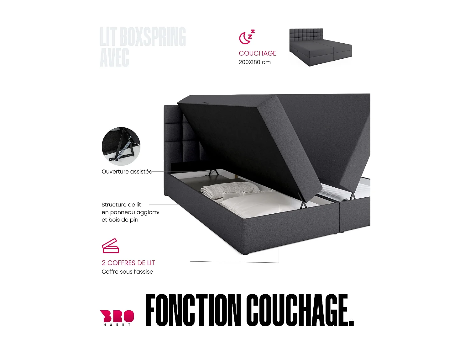 Lit boxspring avec rangement DAKOTA - matelas - surmatelas - gris foncé - 180x200 cm