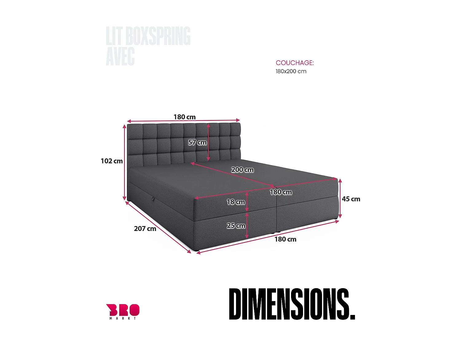 Lit boxspring avec rangement DAKOTA - matelas - surmatelas - gris foncé - 180x200 cm