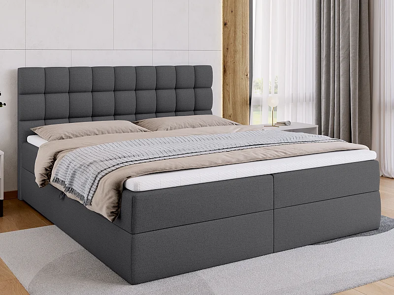 Lit boxspring avec rangement DAKOTA - matelas - surmatelas - gris foncé - 180x200 cm