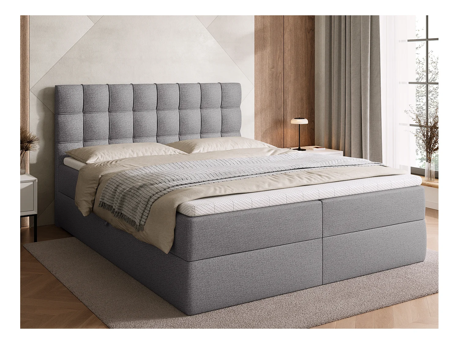 Lit boxspring avec rangement DETROIT - matelas - surmatelas - gris - 160x200 cm