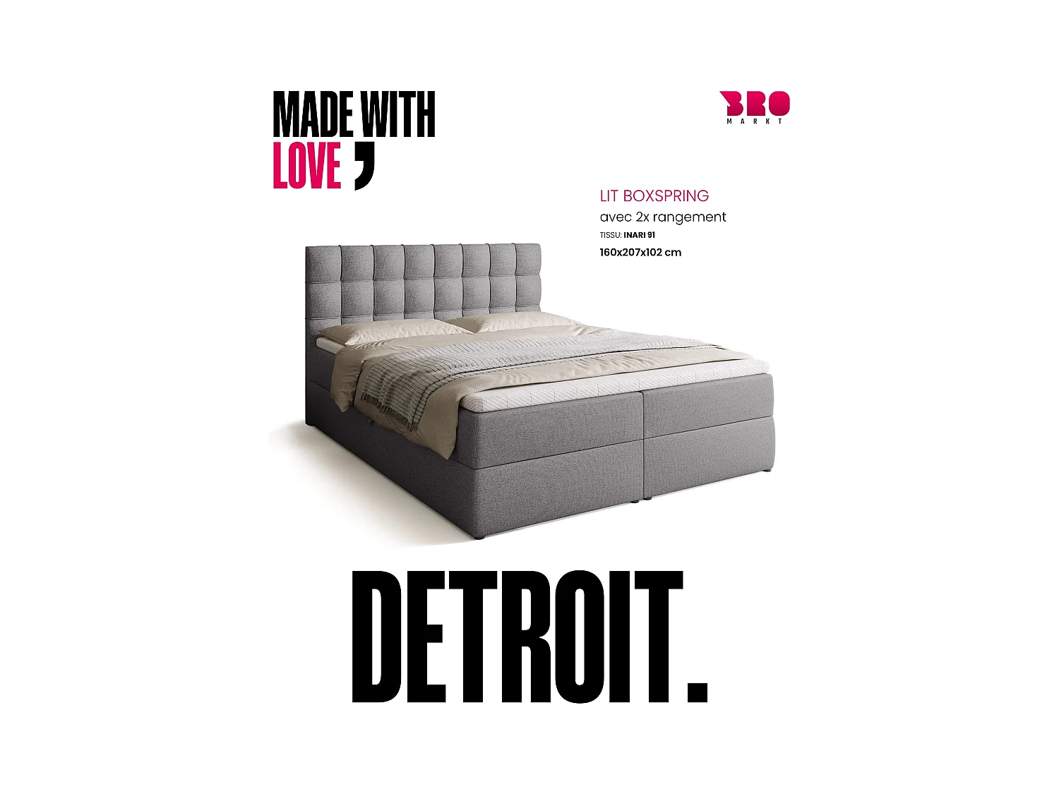 Lit boxspring avec rangement DETROIT - matelas - surmatelas - gris - 160x200 cm