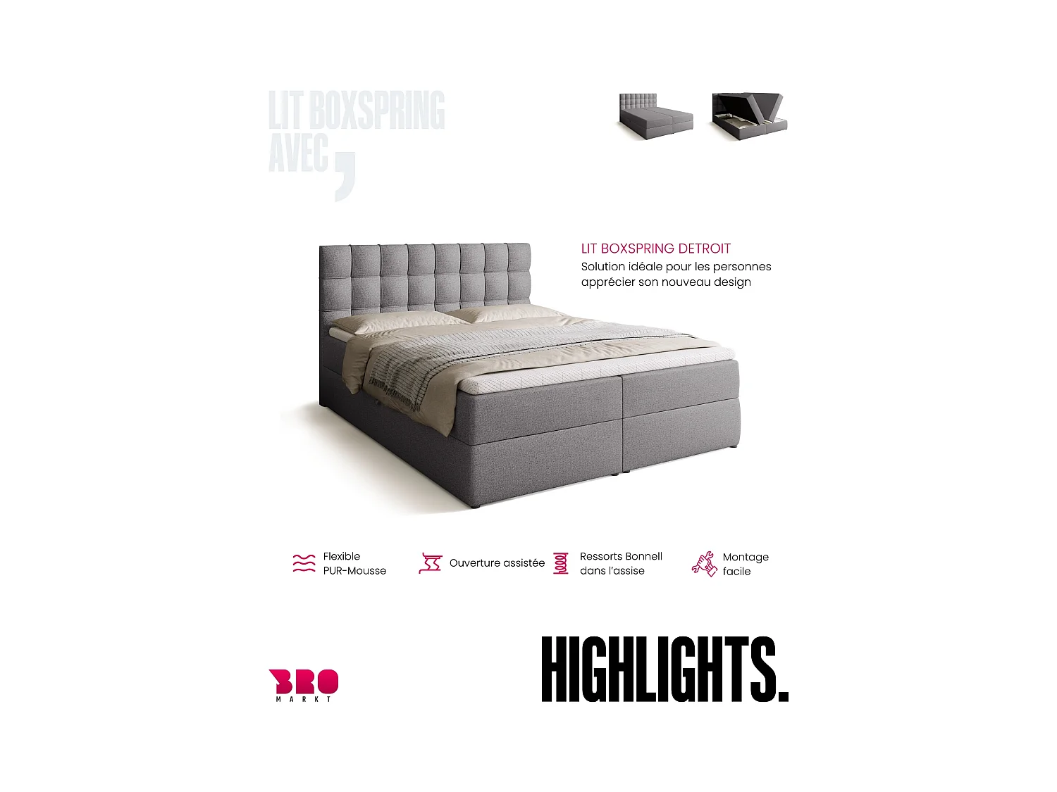 Lit boxspring avec rangement DETROIT - matelas - surmatelas - gris - 160x200 cm
