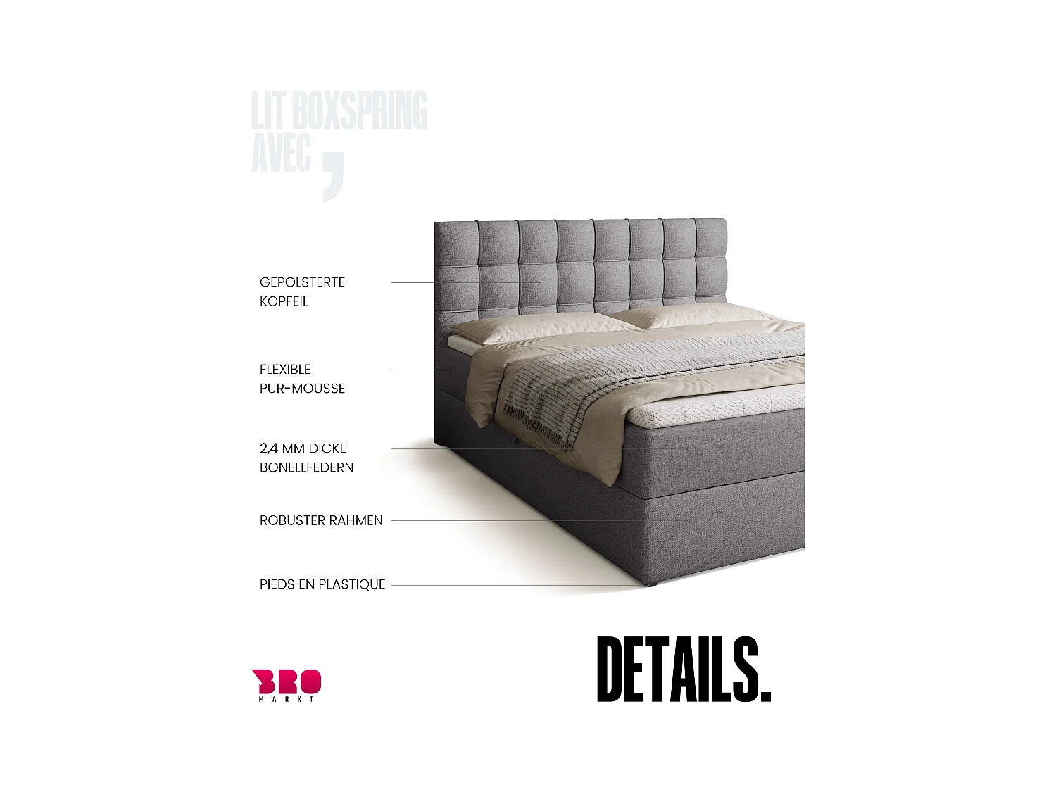 Lit boxspring avec rangement DETROIT - matelas - surmatelas - gris - 160x200 cm