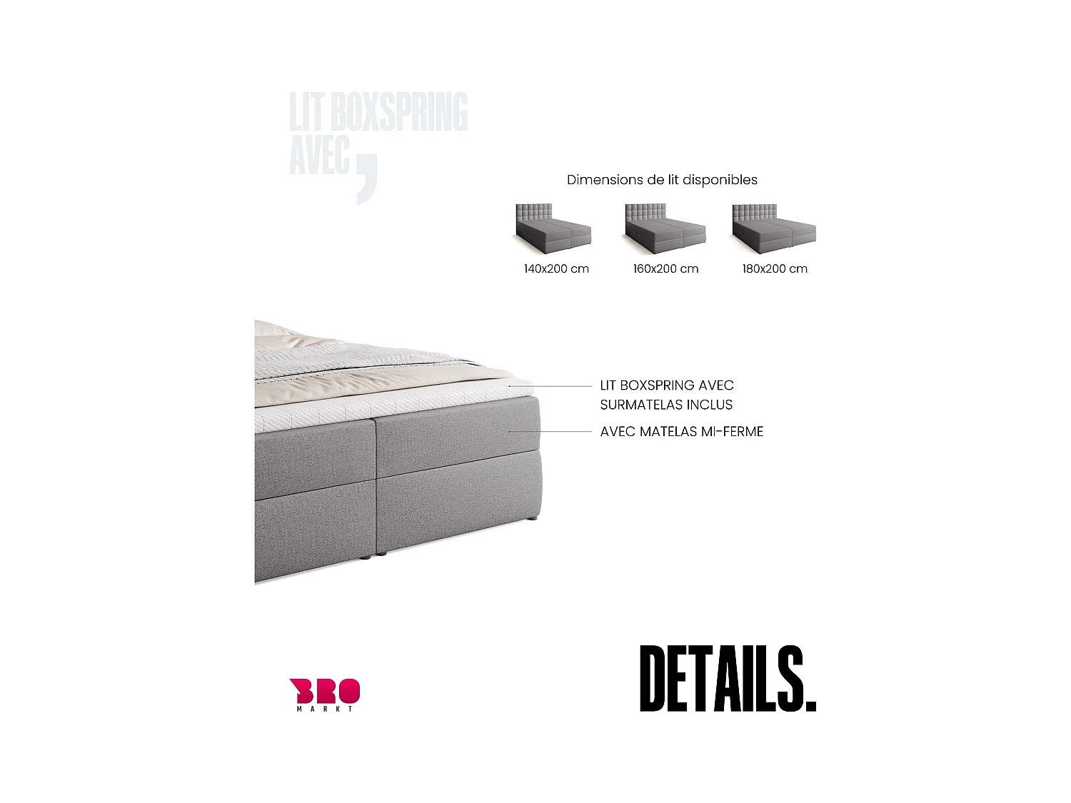 Lit boxspring avec rangement DETROIT - matelas - surmatelas - gris - 160x200 cm