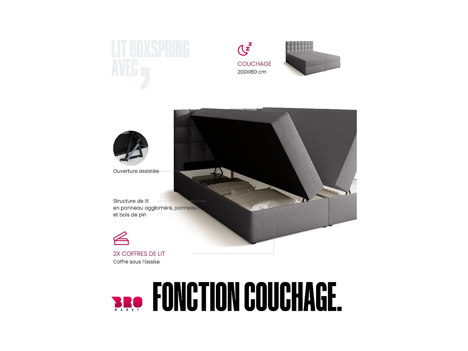 Lit boxspring avec rangement DETROIT - matelas - surmatelas - gris - 160x200 cm